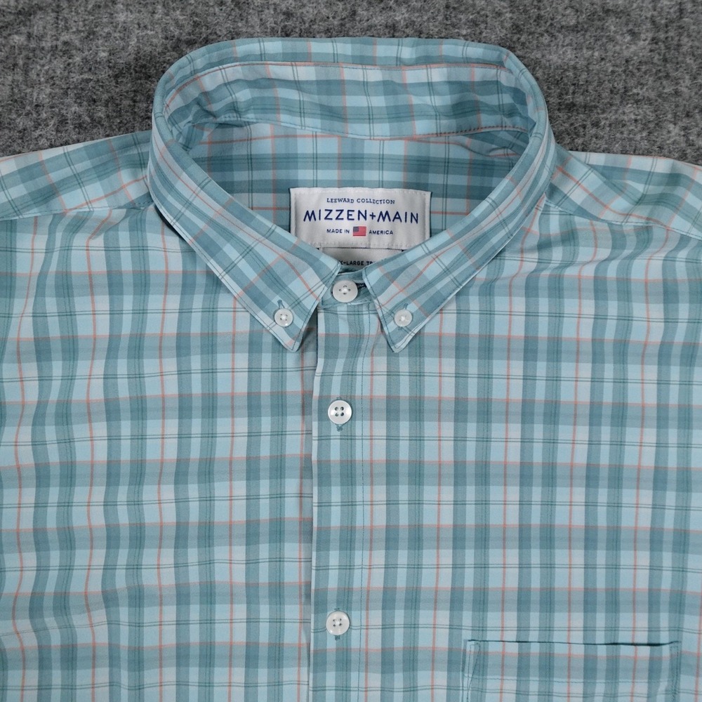 Mizzen+Main Leeward Shirt Mens XXL Trim Fit Blue Plaid Short Sleeve‎ Button Up